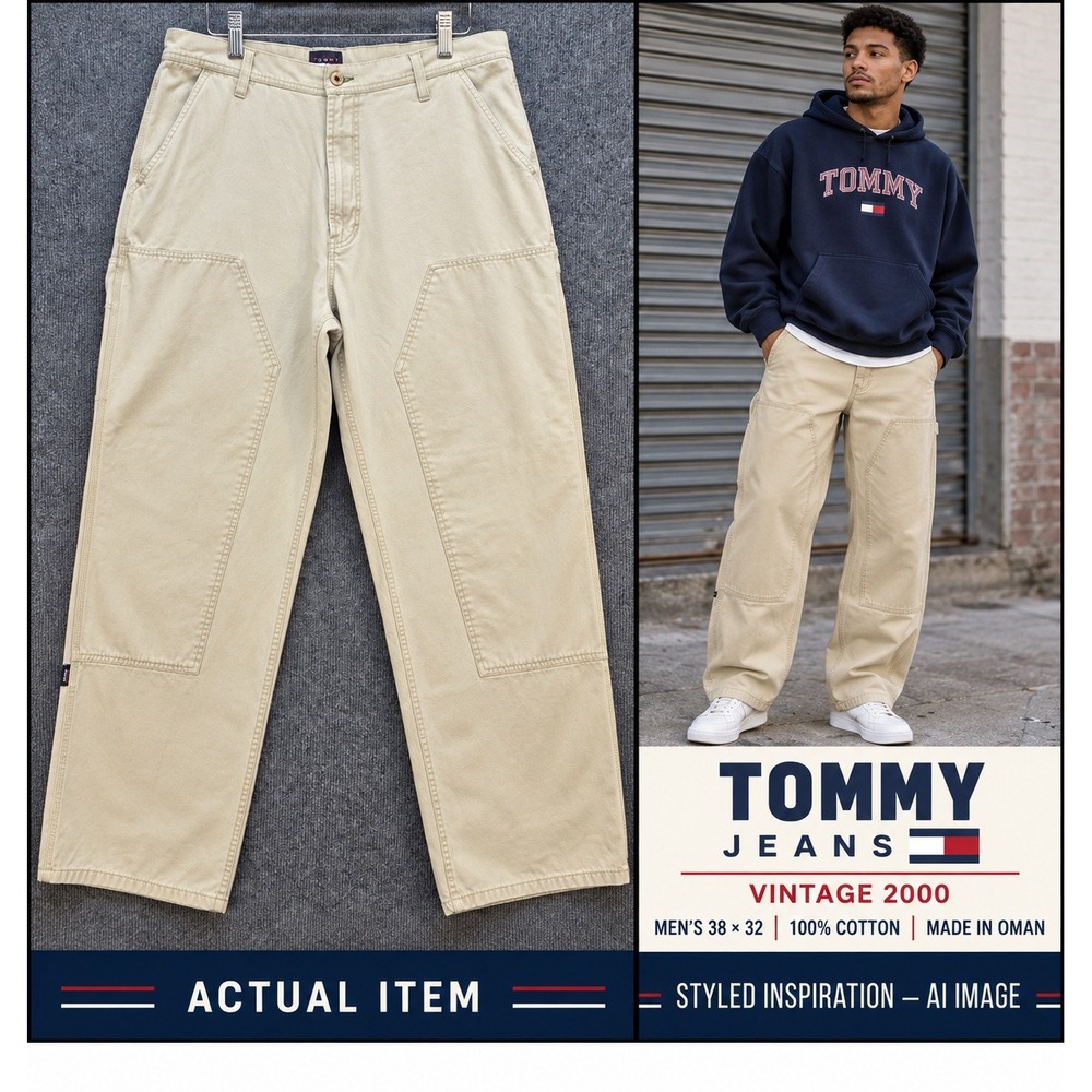 Tommy Jeans Carpenter Pants Mens Vintage Y2K Double Knee Khaki 38x32 Excellent